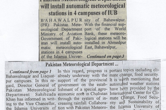 Pakistan Meterological Department will install automatic meterological stations in 4 campuses of IUB